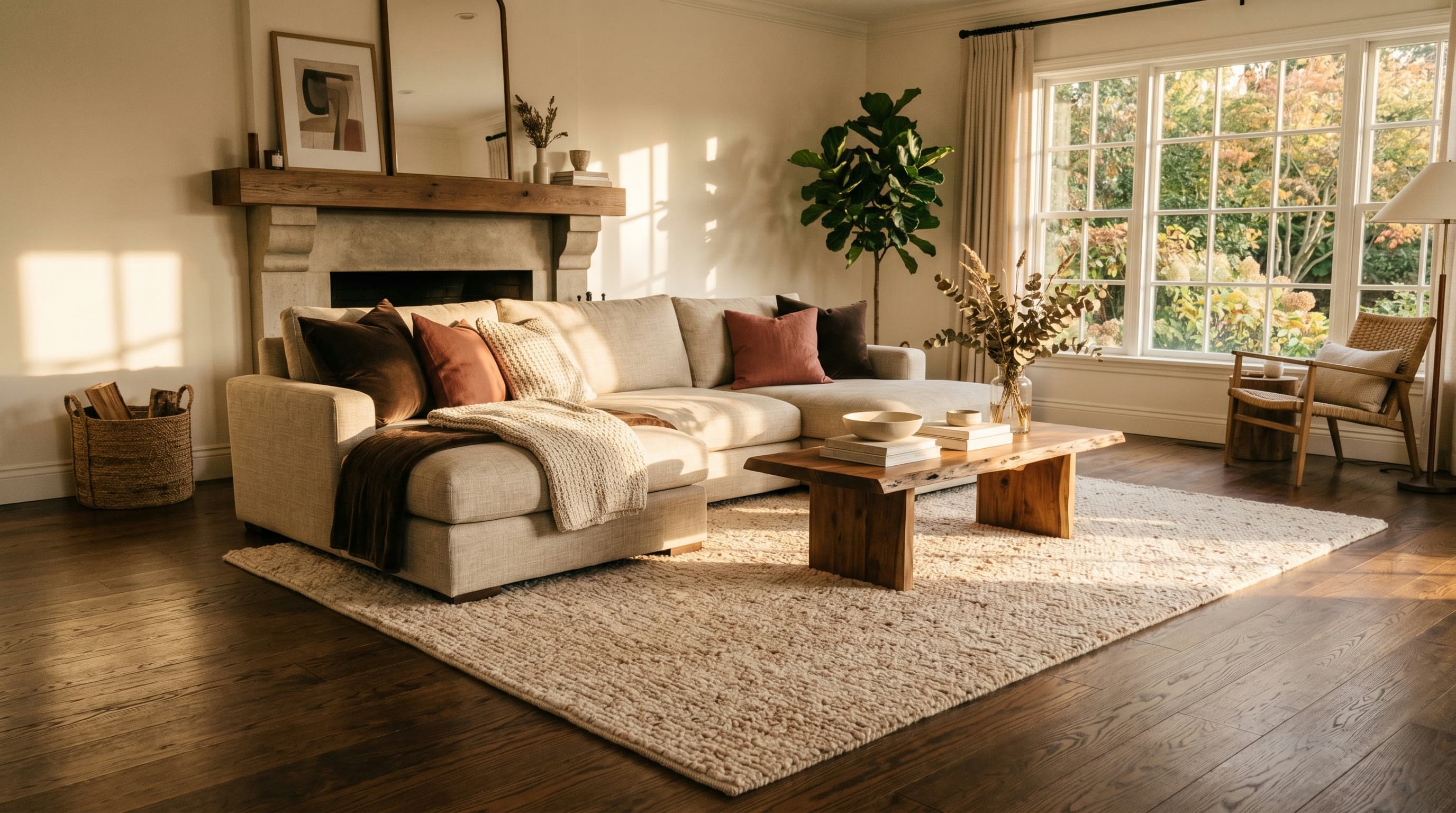 A freshly cleaned family room area rug with the pile groomed plush